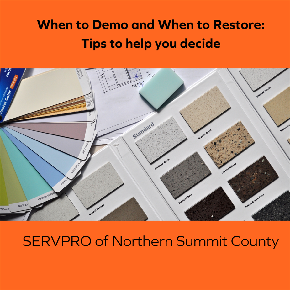 Paint chip and counter top samples with when to demo and when to restore written on it 