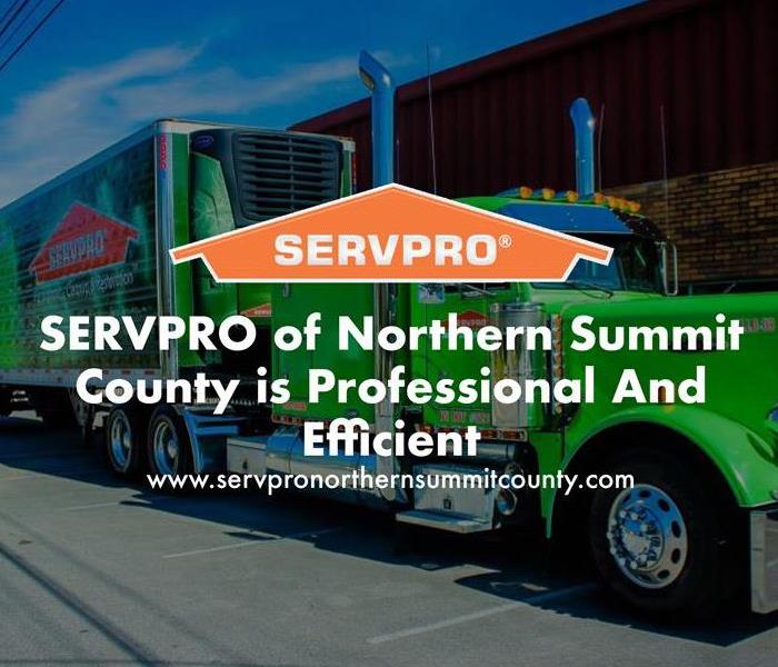 Orange SERVPRO house logo on image with green SERVPRO truck